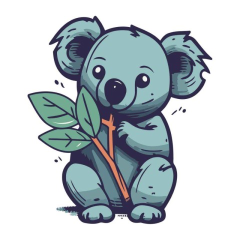 Cute cartoon koala with a twig. Vector illustration.