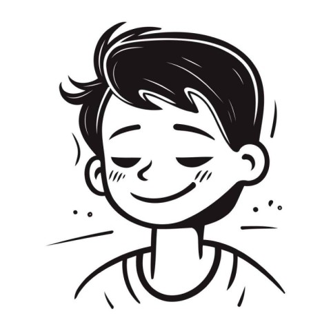 Vector black and white illustration of a smiling boy with his ey