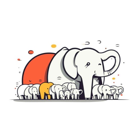 Vector illustration of cute elephant with herd of sheep on white