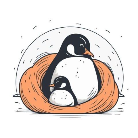 Penguin in the nest. Vector illustration in sketch style.