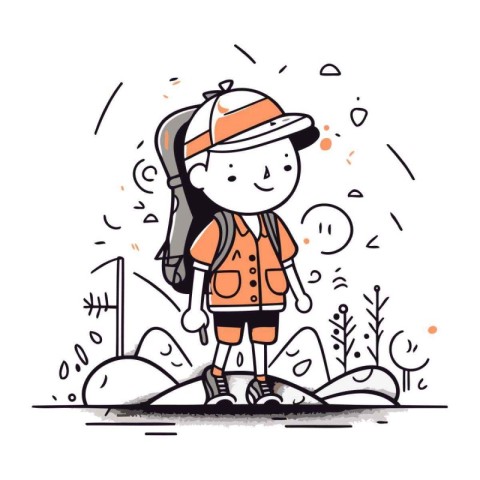 Cute little boy with backpack and cap hiking in the mountains. V