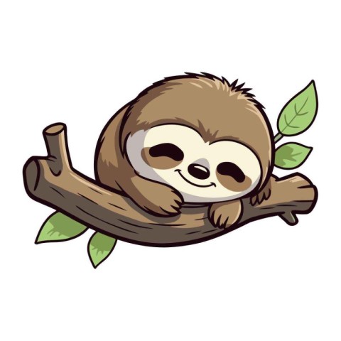 Cute cartoon sloth on a tree branch. Vector illustration.