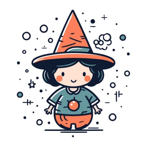 Cute little girl in witch costume. Vector illustration in line s