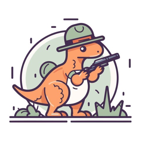 Dinosaur hunter in hat with gun flat line icon. Vector illustrat