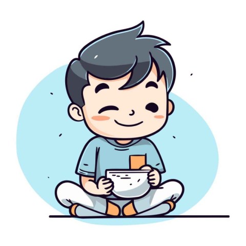 Cute little boy holding a cup of tea. Vector illustration.