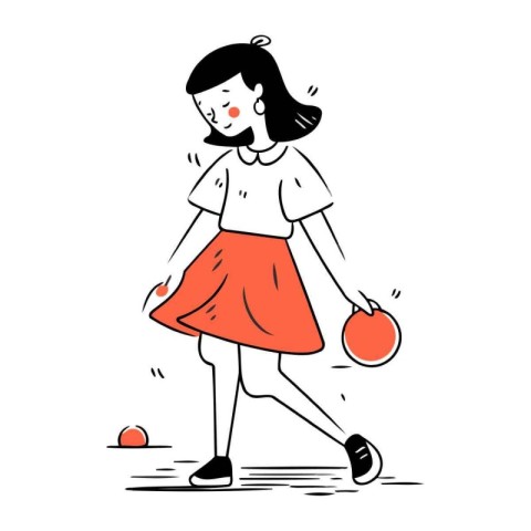 Girl playing bowling. Vector hand drawn illustration in cartoon