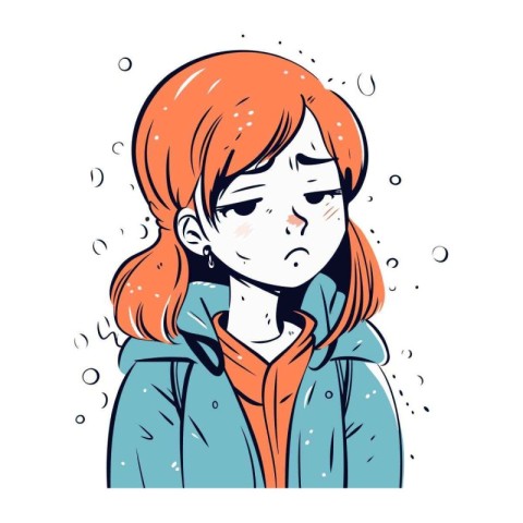 Vector illustration of a sad girl in a hooded jacket. Cartoon st