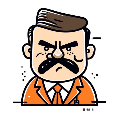 Cartoon angry man with mustache and tie. Vector illustration in