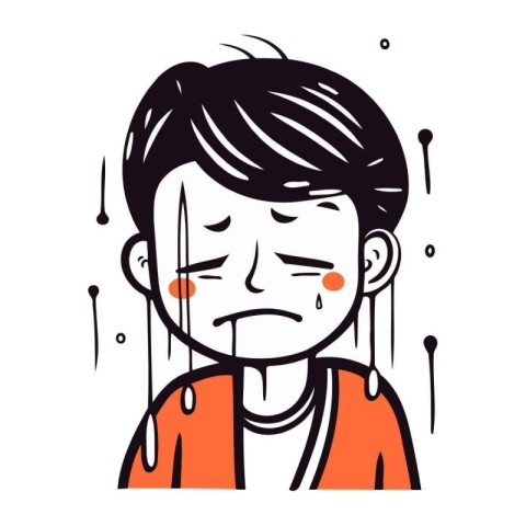 Sad boy with tears on his face. Vector illustration in cartoon s