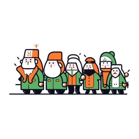 Cartoon santa claus and christmas elves. Vector illustration.