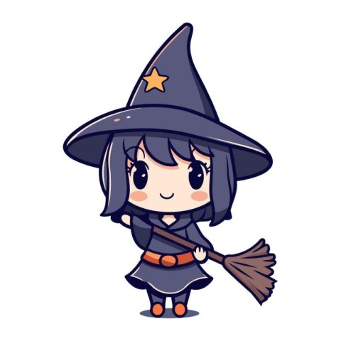 Cute Cartoon Witch Girl with Broomstick Vector Illustration.