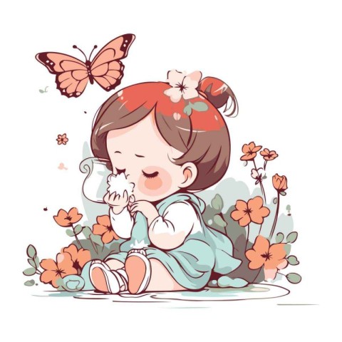 Cute little girl with flowers and butterflies. Vector hand drawn