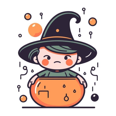 Cute little witch with a cauldron. Vector illustration in flat s