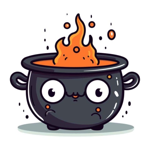 Cute cartoon Halloween witch cauldron with fire. Vector illustra