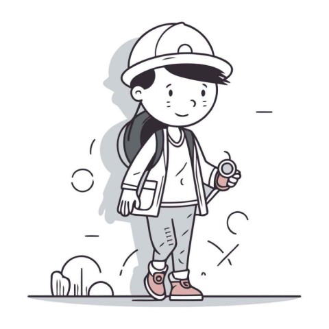 Boy with backpack and map. Vector illustration in doodle style.