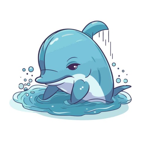 Cute cartoon dolphin in water. Vector illustration isolated on w