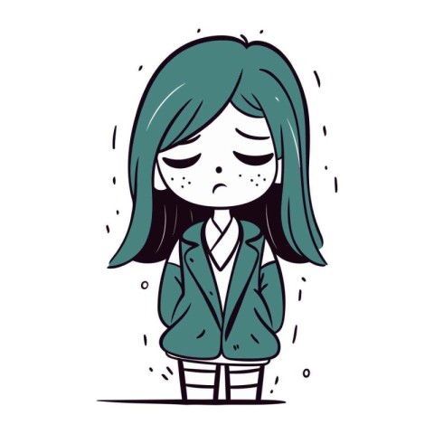 illustration of a sad girl with green hair in a jacket.