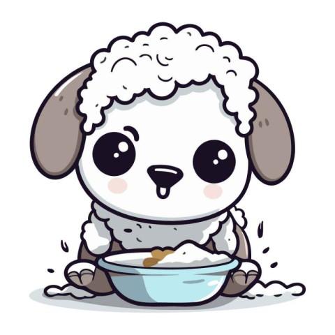 Sheep eating from a bowl. Cute cartoon vector illustration.