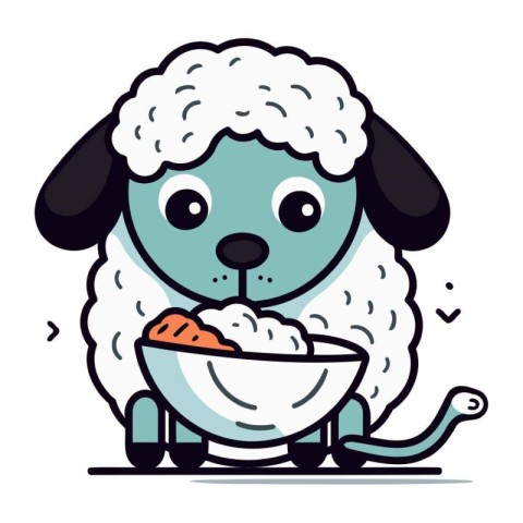 Sheep with a bowl of rice. Vector illustration in cartoon style.