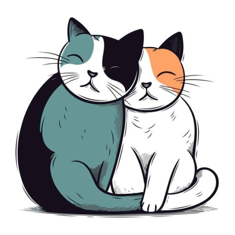 Cute cat and cat sitting on a white background. Vector illustrat