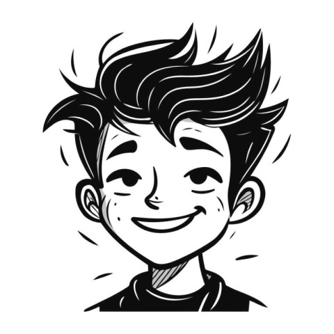 Vector black and white illustration of a smiling boy with a hair