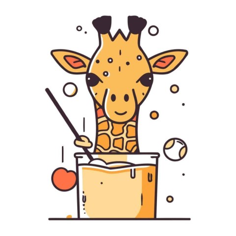 Cute giraffe drinking juice from a glass. Vector illustration.