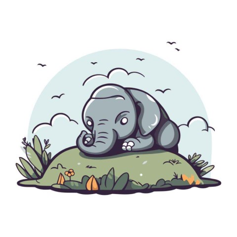 Cute elephant sleeping on the grass. Vector illustration in cart