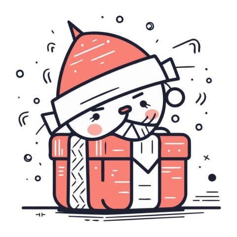 Vector illustration of cute kawaii snowman in santa hat and chri