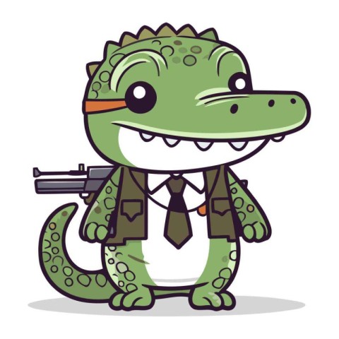 Crocodile with a gun. Cute cartoon crocodile. Vector illustratio