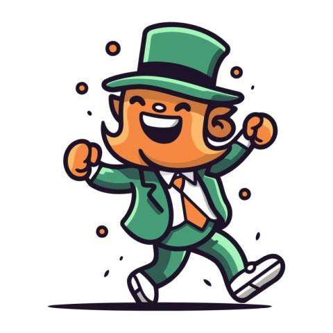 Cartoon happy leprechaun running and smiling. Vector illustratio