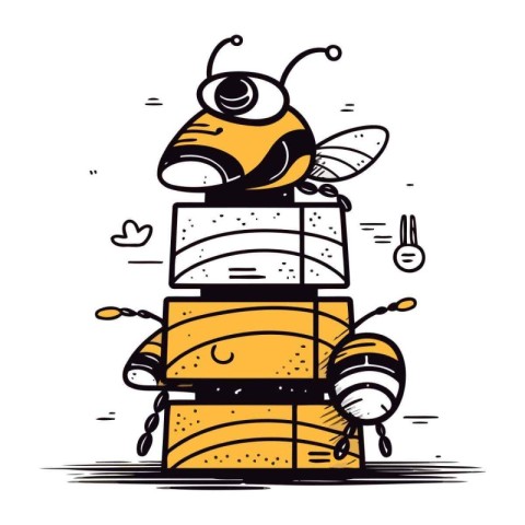 Bee on a stack of honeycombs. Vector cartoon illustration.