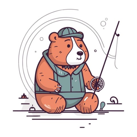 Cute beaver with fishing rod. Vector illustration in cartoon sty