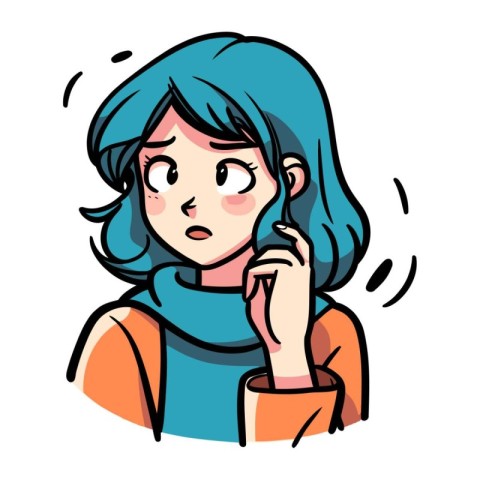 Illustration of a young woman with blue hair wearing a scarf.