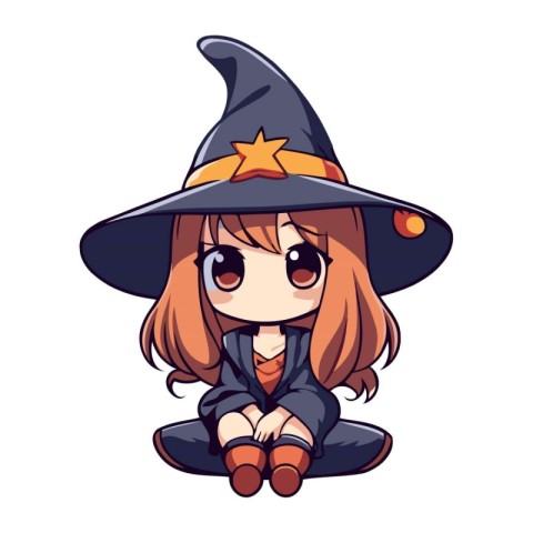 Illustration of a Little Witch Girl Sitting on the Floor Wearing