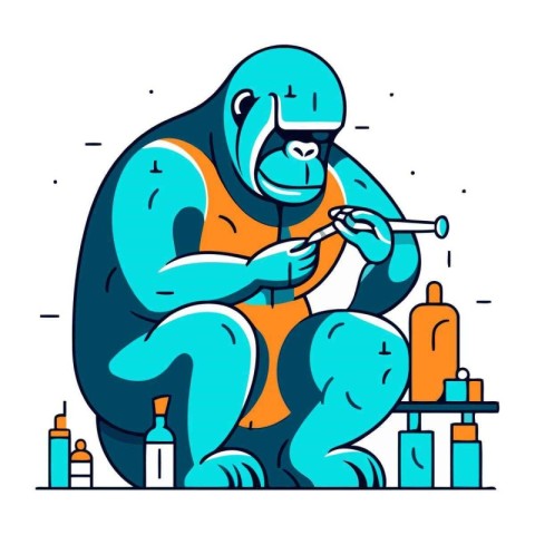 Vector illustration of a gorilla with a syringe. Flat line art s