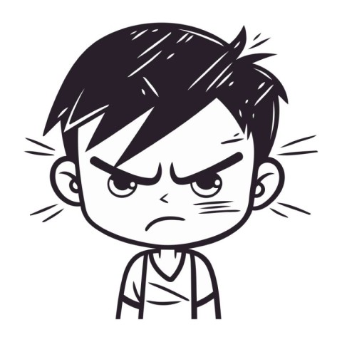 Angry boy cartoon character vector illustration. Black and white