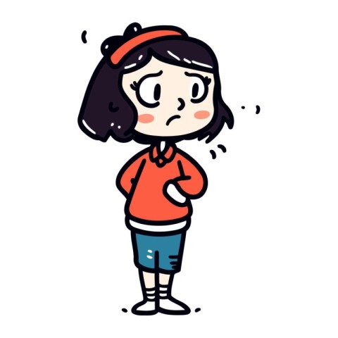 A cartoon illustration of a girl who has a stomach ache.