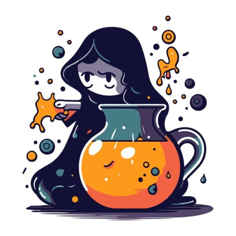 Illustration of a girl with a potion in a pot. Vector illustrati