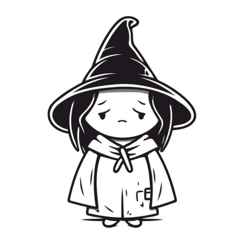 Cute little witch in black and white. Halloween vector illustrat