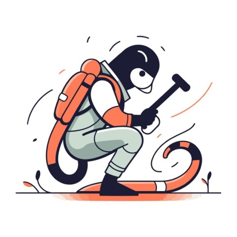 Vector illustration of a hiker with a backpack and a shovel.