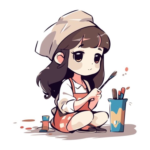 Cute little painter girl with paintbrush and palette. Vector ill