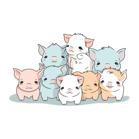 Group of cute cartoon pigs. Vector illustration. Isolated on whi