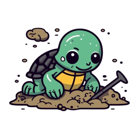 Cute little turtle digging a hole in the ground. Vector illustra