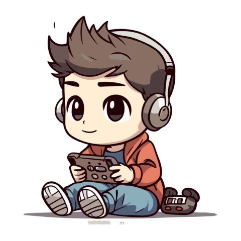 Illustration of a Boy Playing with a Tablet PC and Headphones