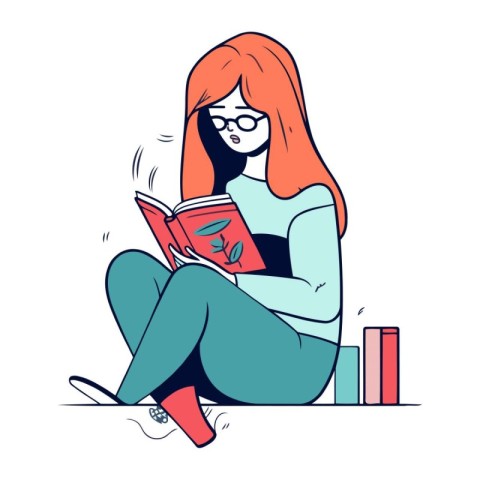 Girl reading a book and sitting on the floor. Vector illustratio