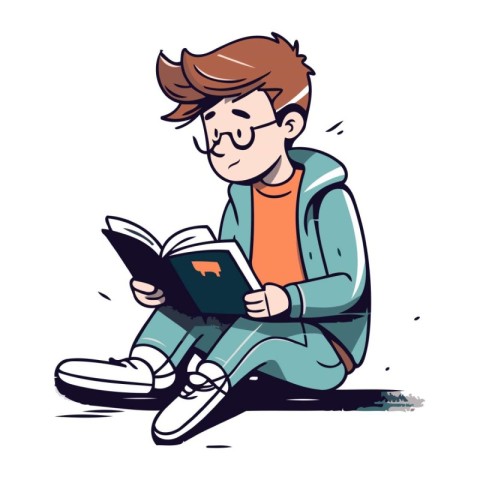 Vector illustration of a teenage boy reading a book sitting on t