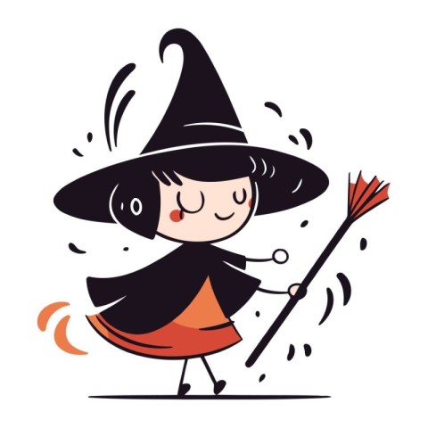 Cute little girl in a witch costume with a broom. Vector illustr