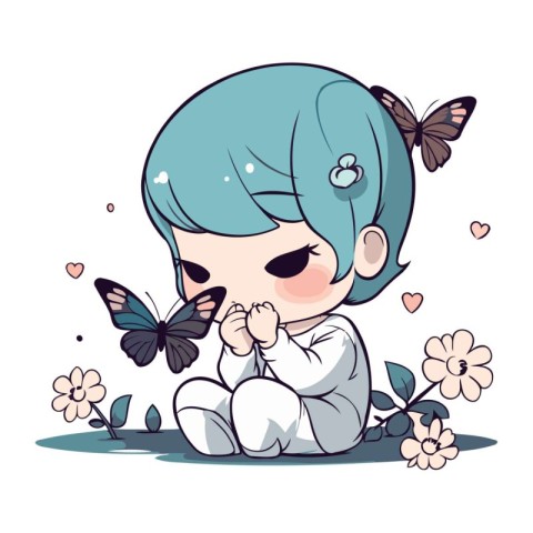 Cute little girl sitting with butterfly and flowers. Vector illu