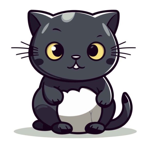 Cute cartoon black cat sitting on white background. Vector illus