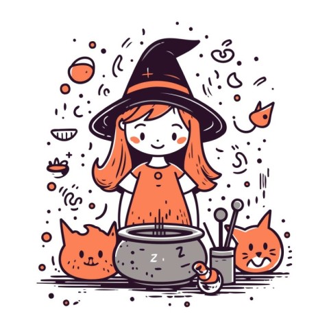 Cute little girl in witch costume with cat. Vector illustration.